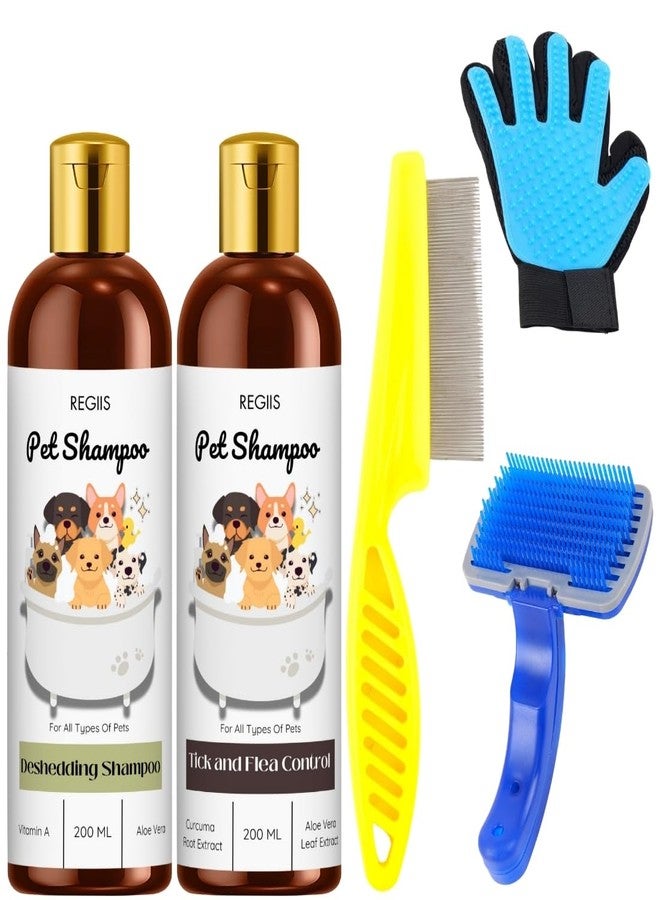 REGIIS Pet Grooming Kit, Dog Shampoo Set with Deshedding Shampoo, Tick and Flea Control, Grooming Brush, Comb, Deshedding Glove, 5 Piece Pet Bathing Kit, 200 ML(5 Pack) - Image 1